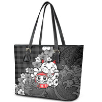 Black Palaka Hawaiian And Japanese Leather Tote Bag Maneki Neko And Sakura Bloom DT05 - Polynesian Pride