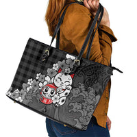 Black Palaka Hawaiian And Japanese Leather Tote Bag Maneki Neko And Sakura Bloom DT05 - Polynesian Pride