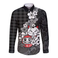 Black Palaka Hawaiian And Japanese Long Sleeve Button Shirt Maneki Neko And Sakura Bloom DT05 Unisex Black - Polynesian Pride
