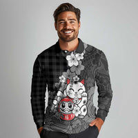 Black Palaka Hawaiian And Japanese Long Sleeve Polo Shirt Maneki Neko And Sakura Bloom DT05 - Polynesian Pride