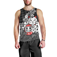 Black Palaka Hawaiian And Japanese Men Tank Top Maneki Neko And Sakura Bloom DT05 - Polynesian Pride