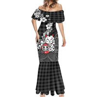 Black Palaka Hawaiian And Japanese Mermaid Dress Maneki Neko And Sakura Bloom DT05 - Polynesian Pride