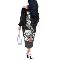 Black Palaka Hawaiian And Japanese Off The Shoulder Long Sleeve Dress Maneki Neko And Sakura Bloom DT05 - Polynesian Pride
