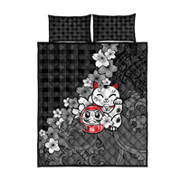 Black Palaka Hawaiian And Japanese Quilt Bed Set Maneki Neko And Sakura Bloom DT05 - Polynesian Pride