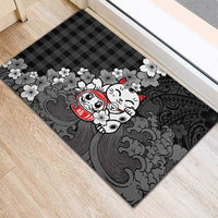 Black Palaka Hawaiian And Japanese Rubber Doormat Maneki Neko And Sakura Bloom DT05 - Polynesian Pride