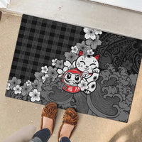 Black Palaka Hawaiian And Japanese Rubber Doormat Maneki Neko And Sakura Bloom DT05 - Polynesian Pride