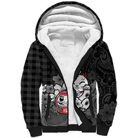Black Palaka Hawaiian And Japanese Sherpa Hoodie Maneki Neko And Sakura Bloom DT05 Unisex Black - Polynesian Pride
