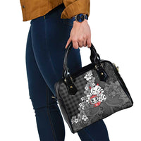 Black Palaka Hawaiian And Japanese Shoulder Handbag Maneki Neko And Sakura Bloom