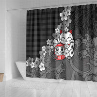 Black Palaka Hawaiian And Japanese Shower Curtain Maneki Neko And Sakura Bloom DT05 - Polynesian Pride