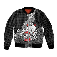Black Palaka Hawaiian And Japanese Sleeve Zip Bomber Jacket Maneki Neko And Sakura Bloom DT05 Unisex Black - Polynesian Pride