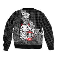 Black Palaka Hawaiian And Japanese Sleeve Zip Bomber Jacket Maneki Neko And Sakura Bloom DT05 - Polynesian Pride