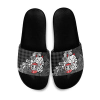 Black Palaka Hawaiian And Japanese Slide Sandals Maneki Neko And Sakura Bloom DT05 Black - Polynesian Pride