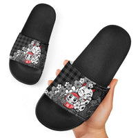 Black Palaka Hawaiian And Japanese Slide Sandals Maneki Neko And Sakura Bloom DT05 - Polynesian Pride