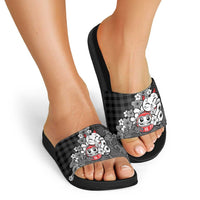 Black Palaka Hawaiian And Japanese Slide Sandals Maneki Neko And Sakura Bloom DT05 - Polynesian Pride