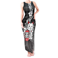 Black Palaka Hawaiian And Japanese Tank Maxi Dress Maneki Neko And Sakura Bloom DT05 Women Black - Polynesian Pride