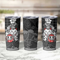 Black Palaka Hawaiian And Japanese Tumbler Cup Maneki Neko And Sakura Bloom DT05 - Polynesian Pride