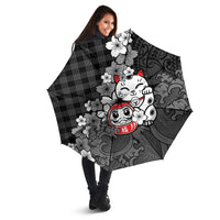 Black Palaka Hawaiian And Japanese Umbrella Maneki Neko And Sakura Bloom DT05 - Polynesian Pride