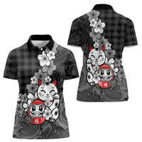 Black Palaka Hawaiian And Japanese Women Polo Shirt Maneki Neko And Sakura Bloom DT05 - Polynesian Pride