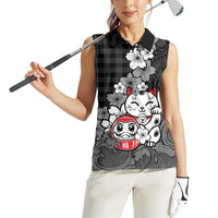 Black Palaka Hawaiian And Japanese Women Sleeveless Polo Shirt Maneki Neko And Sakura Bloom
