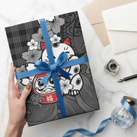 Black Palaka Hawaiian And Japanese Wrapping Paper Maneki Neko And Sakura Bloom DT05 - Polynesian Pride