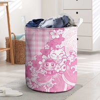 Pink Palaka Hawaiian And Japanese Laundry Basket Maneki Neko And Sakura Bloom DT05 Pink - Polynesian Pride