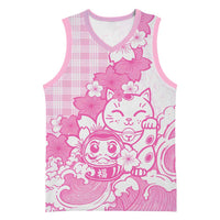 Pink Palaka Hawaiian And Japanese Basketball Jersey Maneki Neko And Sakura Bloom DT05 Unisex Pink - Polynesian Pride