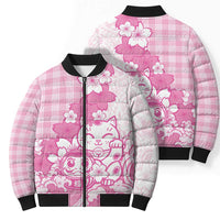 Pink Palaka Hawaiian And Japanese Bomber Puffer Jacket Maneki Neko And Sakura Bloom DT05 - Polynesian Pride