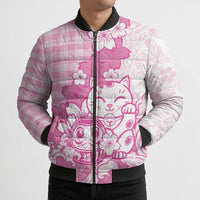 Pink Palaka Hawaiian And Japanese Bomber Puffer Jacket Maneki Neko And Sakura Bloom DT05 - Polynesian Pride
