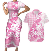 Pink Palaka Hawaiian And Japanese Couples Matching Short Sleeve Bodycon Dress and Hawaiian Shirt Maneki Neko And Sakura Bloom