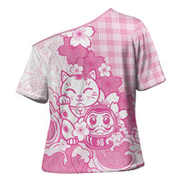 Pink Palaka Hawaiian And Japanese Cross Shoulder Shirt Maneki Neko And Sakura Bloom DT05 - Polynesian Pride