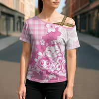 Pink Palaka Hawaiian And Japanese Cross Shoulder Shirt Maneki Neko And Sakura Bloom DT05 - Polynesian Pride