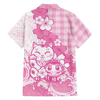Pink Palaka Hawaiian And Japanese Family Matching Mermaid Dress and Hawaiian Shirt Maneki Neko And Sakura Bloom