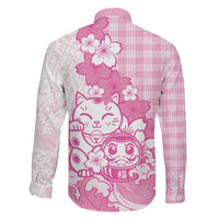 Pink Palaka Hawaiian And Japanese Family Matching Off The Shoulder Long Sleeve Dress and Hawaiian Shirt Maneki Neko And Sakura Bloom