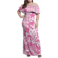 Pink Palaka Hawaiian And Japanese Family Matching Off Shoulder Maxi Dress and Hawaiian Shirt Maneki Neko And Sakura Bloom