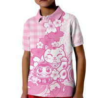 Pink Palaka Hawaiian And Japanese Kid Polo Shirt Maneki Neko And Sakura Bloom DT05 Kid Pink - Polynesian Pride