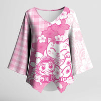 Pink Palaka Hawaiian And Japanese Kimono Sleeve Blouse Maneki Neko And Sakura Bloom DT05 Female Pink - Polynesian Pride