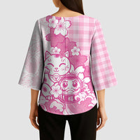 Pink Palaka Hawaiian And Japanese Kimono Sleeve Blouse Maneki Neko And Sakura Bloom DT05 - Polynesian Pride