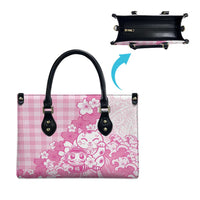 Pink Palaka Hawaiian And Japanese Leather Bag Maneki Neko And Sakura Bloom DT05 - Polynesian Pride