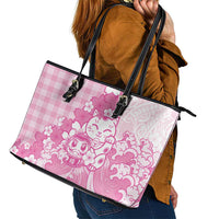 Pink Palaka Hawaiian And Japanese Leather Tote Bag Maneki Neko And Sakura Bloom DT05 - Polynesian Pride