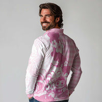 Pink Palaka Hawaiian And Japanese Long Sleeve Polo Shirt Maneki Neko And Sakura Bloom DT05 - Polynesian Pride