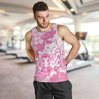 Pink Palaka Hawaiian And Japanese Men Tank Top Maneki Neko And Sakura Bloom DT05 Pink - Polynesian Pride