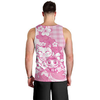 Pink Palaka Hawaiian And Japanese Men Tank Top Maneki Neko And Sakura Bloom DT05 - Polynesian Pride