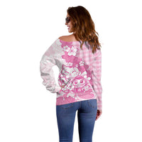 Pink Palaka Hawaiian And Japanese Off Shoulder Sweater Maneki Neko And Sakura Bloom DT05 - Polynesian Pride