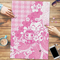 Pink Palaka Hawaiian And Japanese Puzzle Maneki Neko And Sakura Bloom DT05 Pink - Polynesian Pride