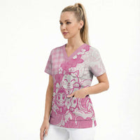 Pink Palaka Hawaiian And Japanese Scrub Top Maneki Neko And Sakura Bloom DT05 - Polynesian Pride