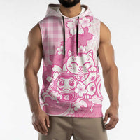 Pink Palaka Hawaiian And Japanese Sleeveless Hoodie Maneki Neko And Sakura Bloom