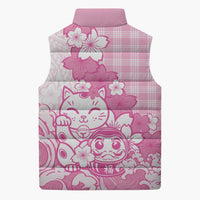 Pink Palaka Hawaiian And Japanese Sleeveless Puffer Jacket Maneki Neko And Sakura Bloom DT05 - Polynesian Pride
