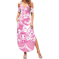 Pink Palaka Hawaiian And Japanese Summer Maxi Dress Maneki Neko And Sakura Bloom DT05 Women Pink - Polynesian Pride