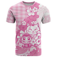 Pink Palaka Hawaiian And Japanese T Shirt Maneki Neko And Sakura Bloom DT05 Pink - Polynesian Pride