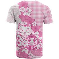 Pink Palaka Hawaiian And Japanese T Shirt Maneki Neko And Sakura Bloom DT05 - Polynesian Pride